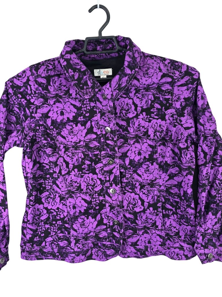 Womens D&Co Purple & Black Floral Button Up Jacket Cotton Blend Stretch Size L